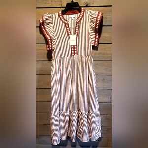 NWT Striped Rust and White Lined Ruffled Dress